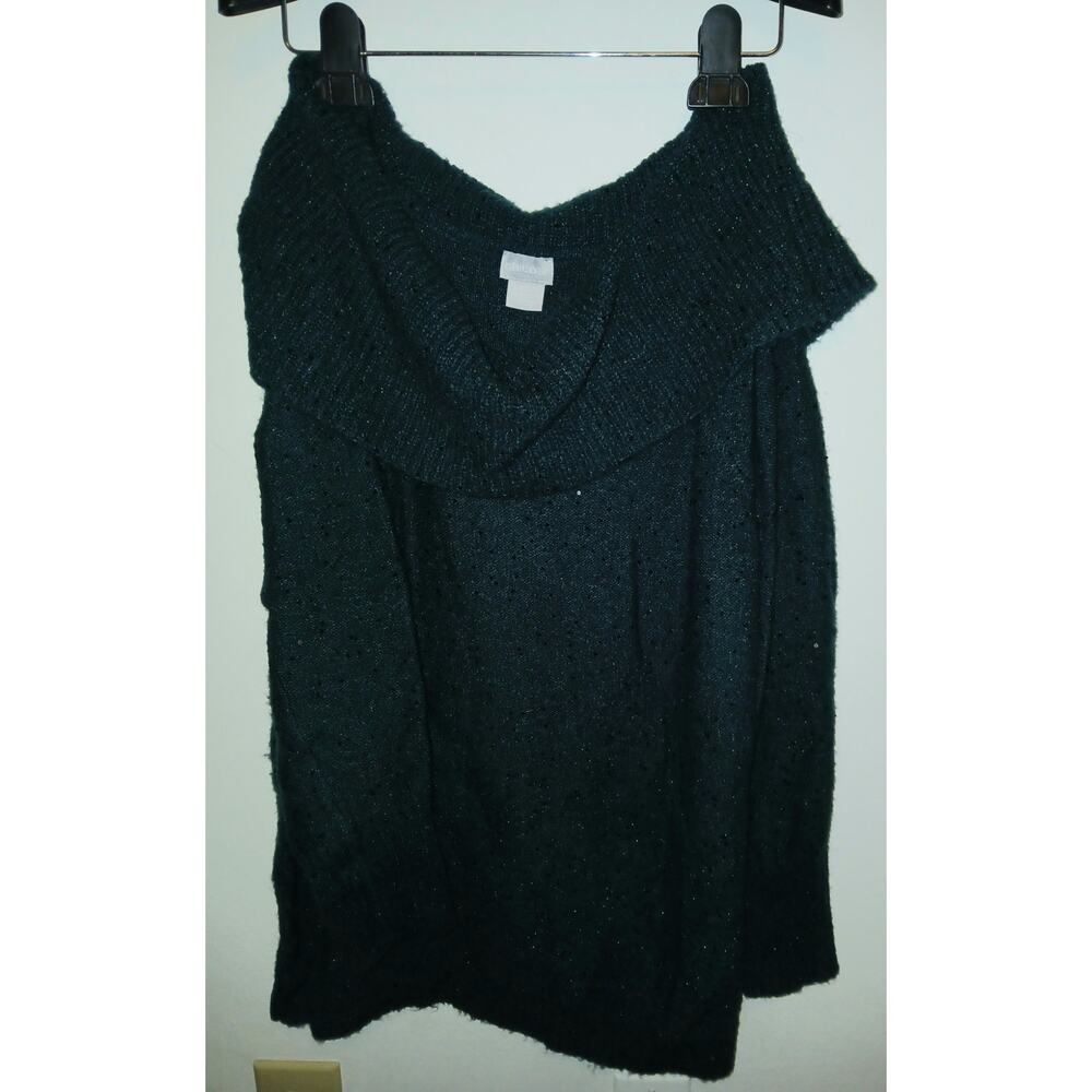 Chico's 2 Forest Green Sweater Slouchy Cowl Neck Sparkles Large Stretch Nylon